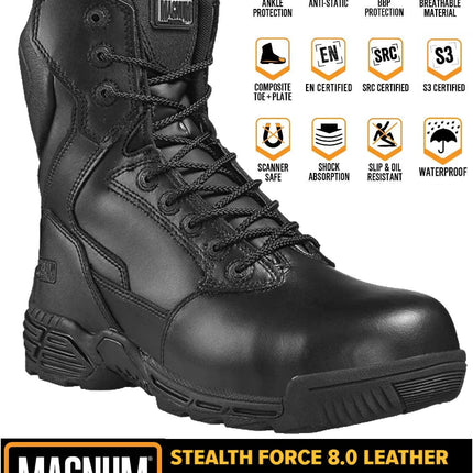 MAGNUM Stealth Force 8.0 Leather S3 - Bottes de combat pour hommes Bottes de sécurité Noir M801429-021